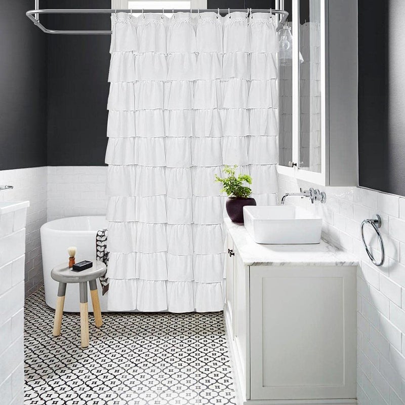 Volens White Shower Curtain Fabric Ruffle for Bathroom 70in Long - Image 4