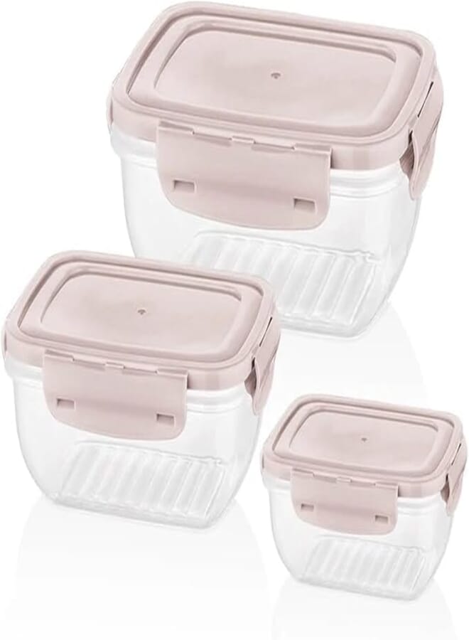 Bager Cook&Lock Colored Cover Rectangular Storage Container Set 3 Pcs (800+1400+2300 Ml) (Std), Pink