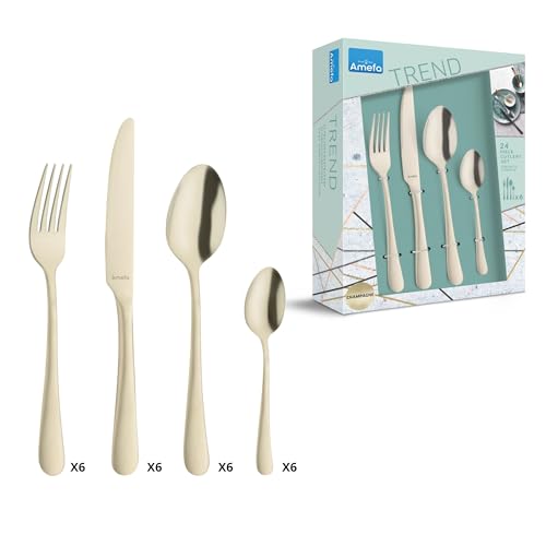 Amefa Premium Designer Stainless Steel Cutlery Set | 24 Pcs Champagne Color Spoon Fork Knife Set for Dining Table | Modern Kitchen Cutlery Set | Durable Rustproof Flatware Set - Image 1