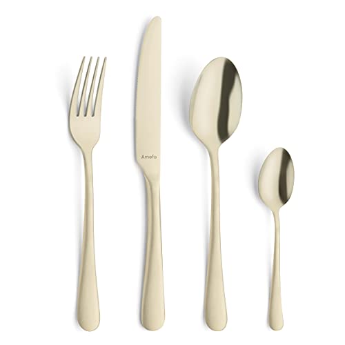 Amefa Premium Designer Stainless Steel Cutlery Set | 24 Pcs Champagne Color Spoon Fork Knife Set for Dining Table | Modern Kitchen Cutlery Set | Durable Rustproof Flatware Set - Image 2
