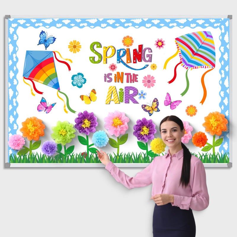 Blosssound 86 Pcs Spring is in The Air Bulletin Board Set Spring Flower Kite Cutouts with 3D Tissue Paper Pompoms Colorful Floral Butterfly Classroom Decorations for School Home Decor Supplies - Image 5