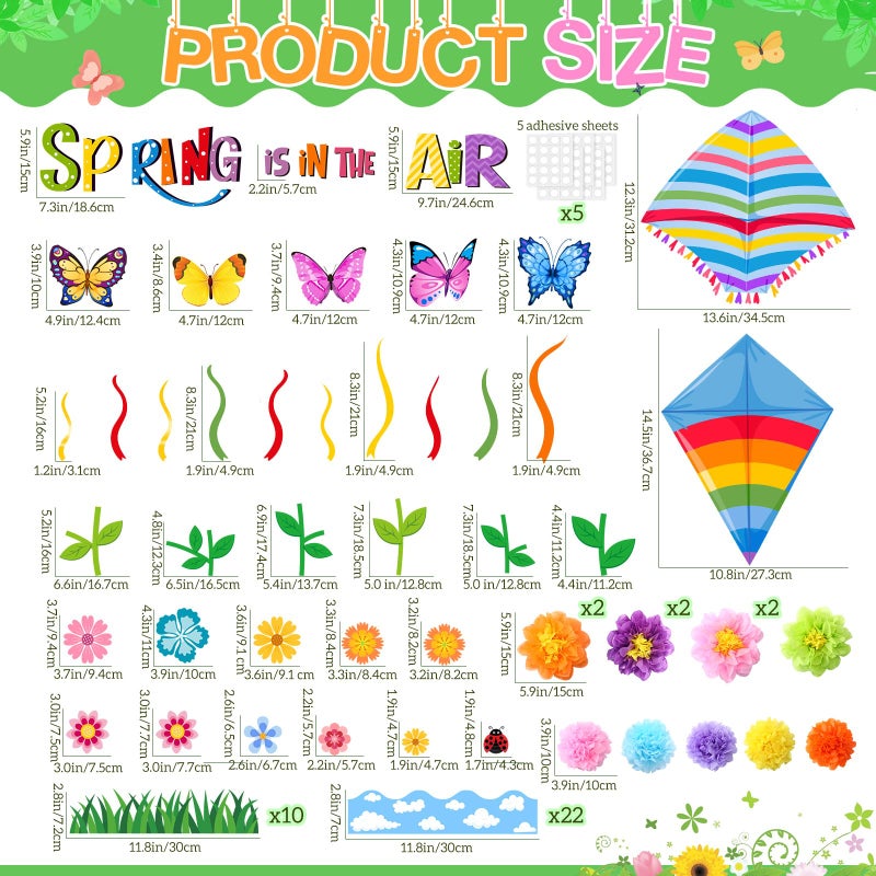 Blosssound 86 Pcs Spring is in The Air Bulletin Board Set Spring Flower Kite Cutouts with 3D Tissue Paper Pompoms Colorful Floral Butterfly Classroom Decorations for School Home Decor Supplies - Image 2