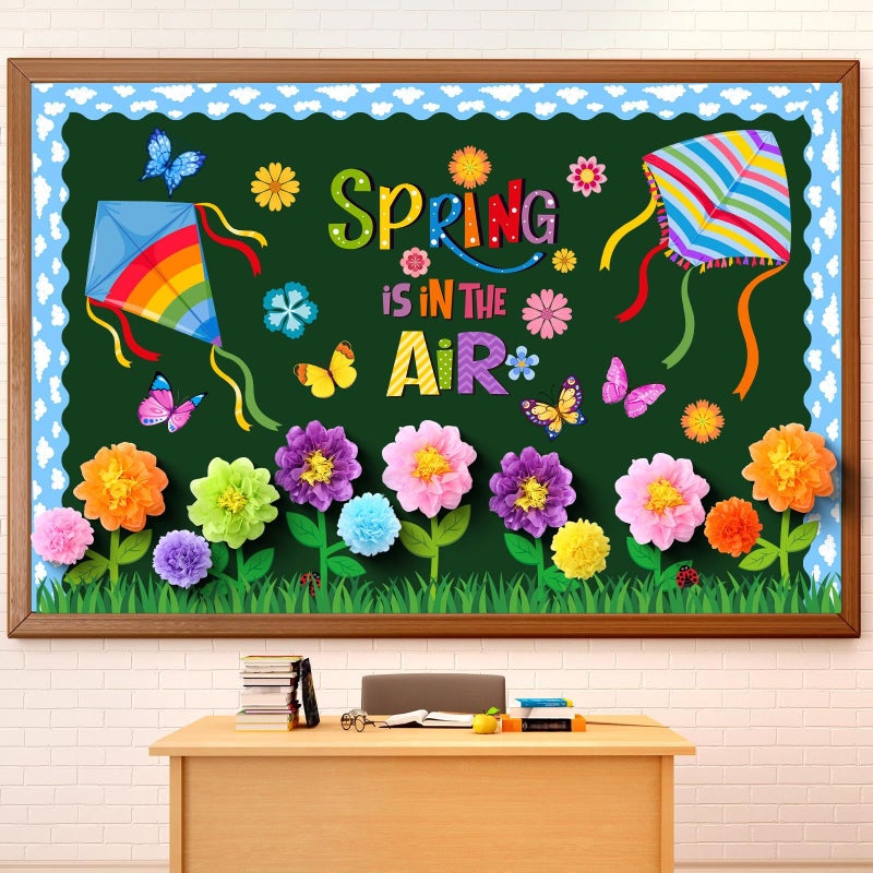 Blosssound 86 Pcs Spring is in The Air Bulletin Board Set Spring Flower Kite Cutouts with 3D Tissue Paper Pompoms Colorful Floral Butterfly Classroom Decorations for School Home Decor Supplies - Image 1