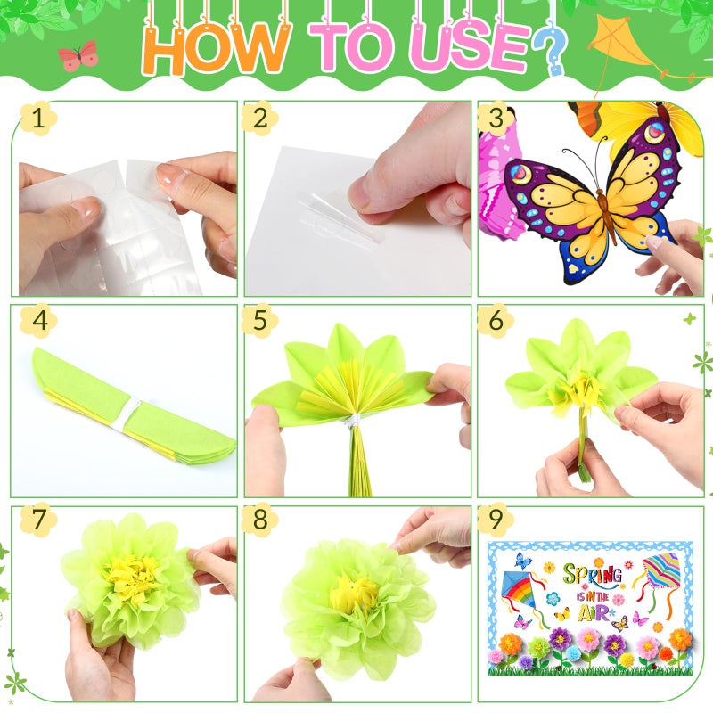 Blosssound 86 Pcs Spring is in The Air Bulletin Board Set Spring Flower Kite Cutouts with 3D Tissue Paper Pompoms Colorful Floral Butterfly Classroom Decorations for School Home Decor Supplies - Image 4