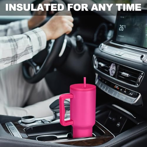 CPENSUS 1200ML Stainless Steel Tumbler with Lid and Straw, Hot and Cold with Handle, 100% Leak Proof Mug Cupholder for Travelling, Gym (40-OZ- Raspberry Pink) - Image 2