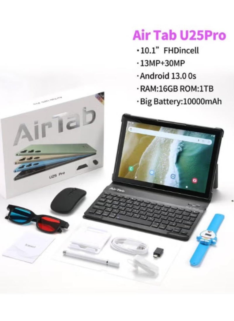 AirTab - U25 Pro Tablet with Arabic Keyboard, Android 13 10.1" FHD Screen 16GB RAM 1TB ROM - with Powerful 10,000mAh Battery Black - Image 1
