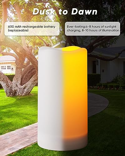 Homemory Solar Powered Candles Outdoor Waterproof, Flickering Glow, Rechargeable Candles, Solar Powered Candles for Outside, Lanterns, Sensor Only, Dusk to Dawn, Set of 3 - Image 3