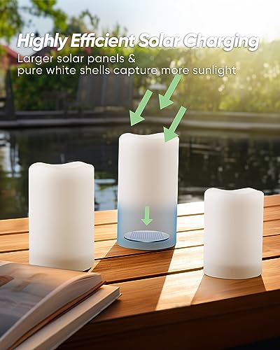 Homemory Solar Powered Candles Outdoor Waterproof, Flickering Glow, Rechargeable Candles, Solar Powered Candles for Outside, Lanterns, Sensor Only, Dusk to Dawn, Set of 3 - Image 4