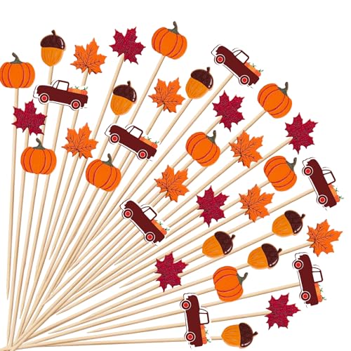 KIGEAPUEL 100 pcs Fall Cocktail Picks Leaves Pumpkins Acorns Decorative Fancy Bamboo Appetizer Fruit Skewers for Fall Thanksgiving Day Party Food Fruit Drinks Decoration - Image 1