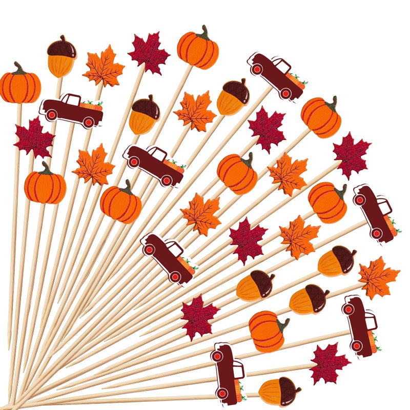 KIGEAPUEL 100 pcs Fall Cocktail Picks Leaves Pumpkins Acorns Decorative Fancy Bamboo Appetizer Fruit Skewers for Fall Thanksgiving Day Party Food Fruit Drinks Decoration - Image 2