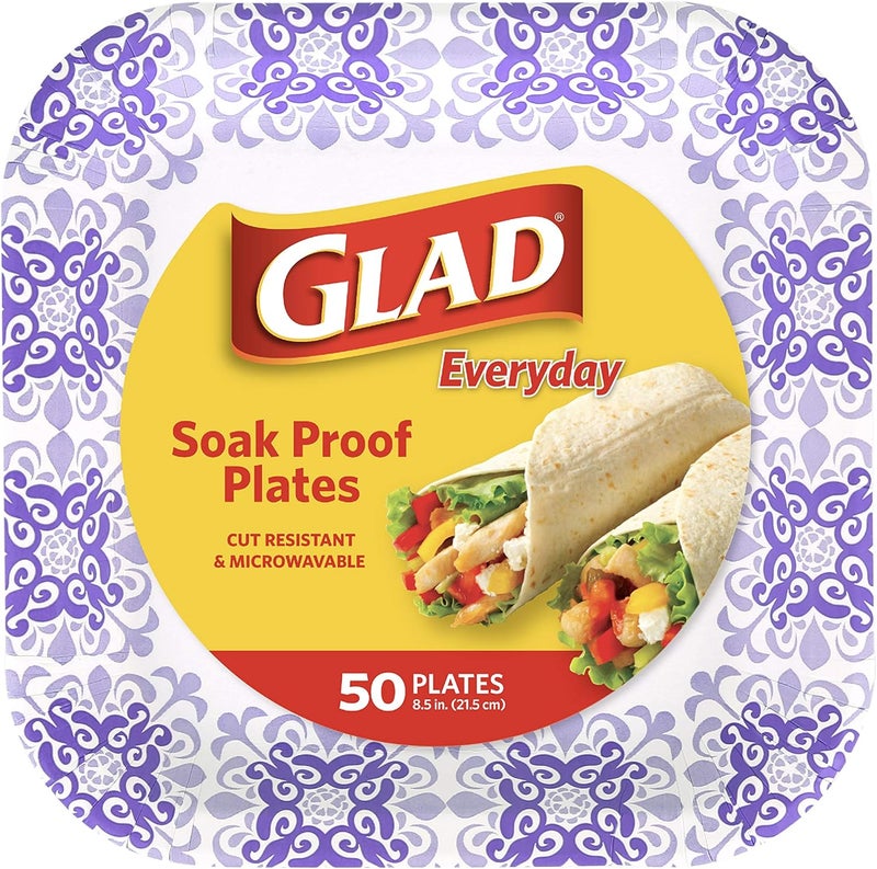 Glad Square Disposable Paper Plates for All Occasions | Soak Proof, Cut Proof, Microwaveable Heavy Duty Disposable Plates | 8.5" Diameter, 50 Count Bulk Paper Plates - Image 1