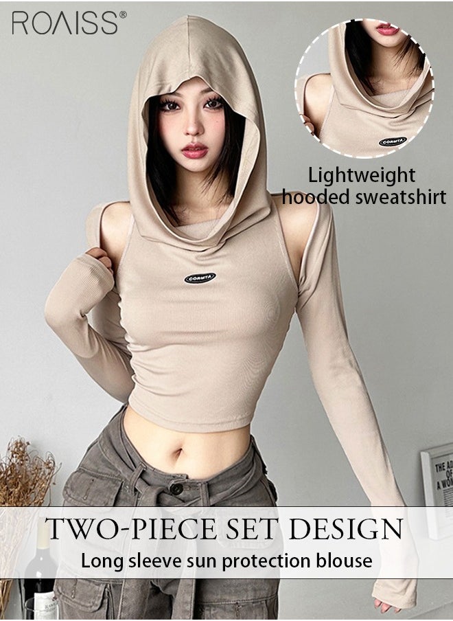 roaiss - 2-Piece Hoodie Set For Women Versatile Everyday Sleeveless Hooded Vest And Sun Protection Mini Crop Top Fashionable And Handsome Pullover - Image 1