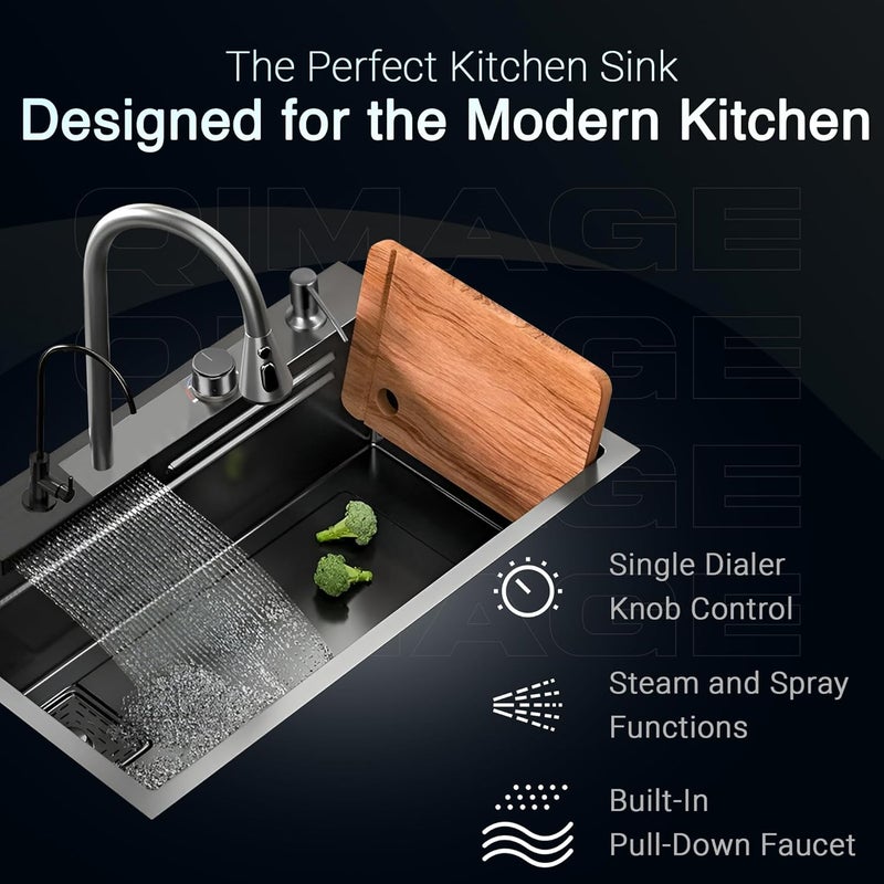 INKSPOT QIMAGE PREMIUM Waterfall Kitchen Sink 30 x 18 x 9 with ANTI SCRATCH HONEYCOMB DESIGN Integrated Waterfall and Pulldown Faucet Set304 Grade Stainless Steel Sink with Cup washer and Drain Baskets - Image 3