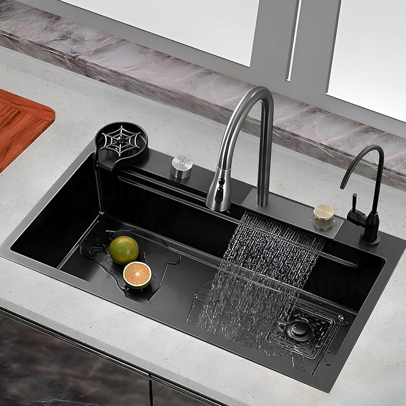 INKSPOT QIMAGE PREMIUM Waterfall Kitchen Sink 30 x 18 x 9 with ANTI SCRATCH HONEYCOMB DESIGN Integrated Waterfall and Pulldown Faucet Set304 Grade Stainless Steel Sink with Cup washer and Drain Baskets - Image 1