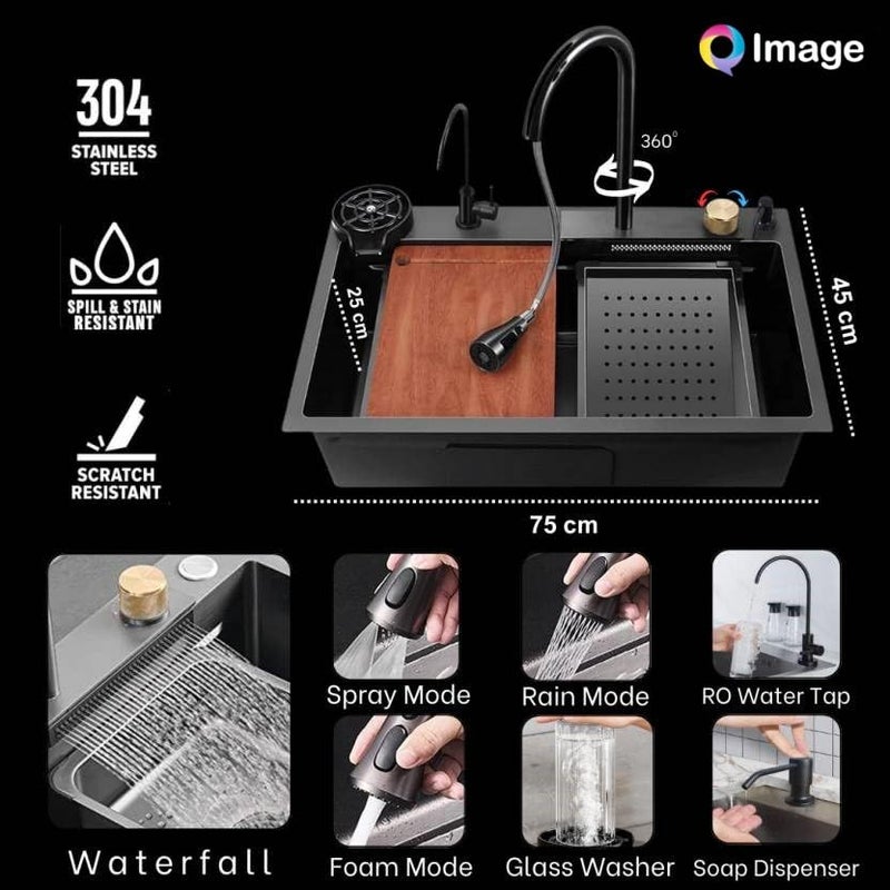 INKSPOT QIMAGE PREMIUM Waterfall Kitchen Sink 30 x 18 x 9 with ANTI SCRATCH HONEYCOMB DESIGN Integrated Waterfall and Pulldown Faucet Set304 Grade Stainless Steel Sink with Cup washer and Drain Baskets - Image 2