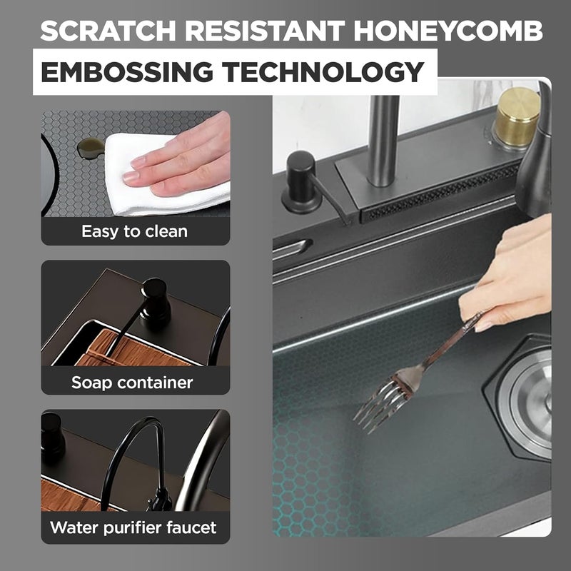 INKSPOT QIMAGE PREMIUM Waterfall Kitchen Sink 30 x 18 x 9 with ANTI SCRATCH HONEYCOMB DESIGN Integrated Waterfall and Pulldown Faucet Set304 Grade Stainless Steel Sink with Cup washer and Drain Baskets - Image 4