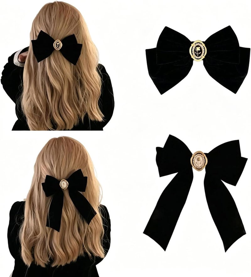 KASTWAVE Velvet Hair Bows, Black Ribbon Clips, Ponytail Barrettes Accessories, for Women Girls Party Holiday Birthday Decoration Back to School Gifts 2 pcs - Image 1
