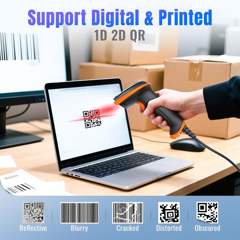 Tera Upgraded USB 1D 2D QR Barcode Scanner Wired, Officially Certified Dustproof Shockproof Waterproof IP65 Ergonomic Handle Fast and Precise Scan for Windows Linux Plug and Play Model D5100Y - Image 4