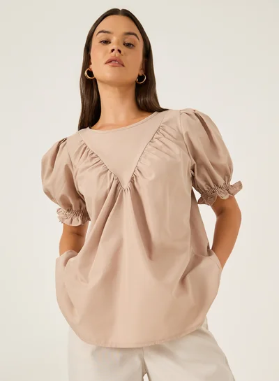 Styli Solid Puff Sleeves Top with Smocked Cuffs