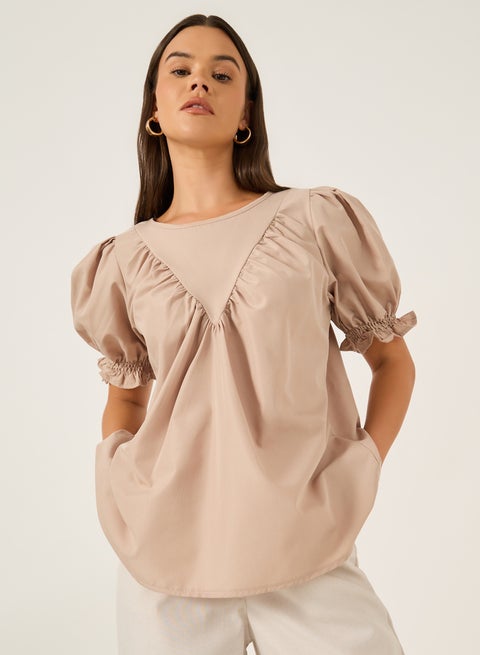 Solid Puff Sleeves Top with Smocked Cuffs