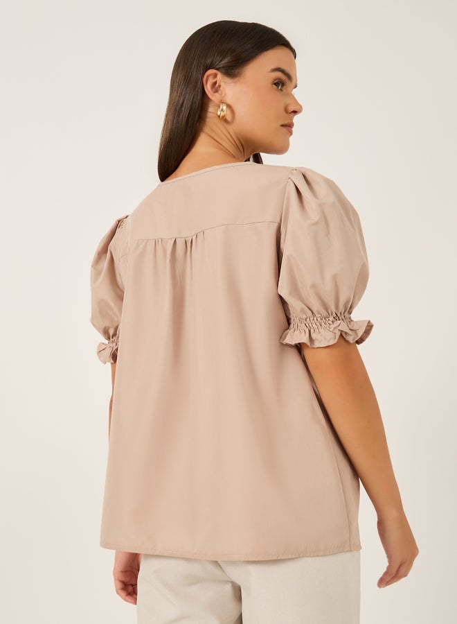 Styli Solid Puff Sleeves Top with Smocked Cuffs  - Image 4
