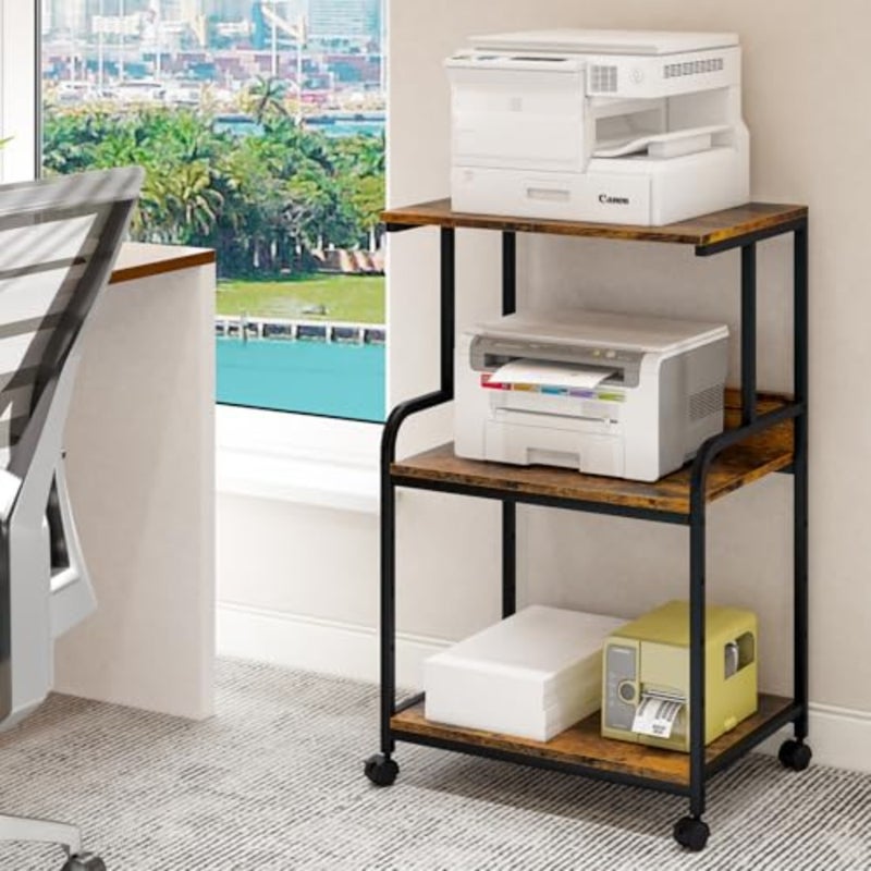 Printer Stand Table with Storage, 3d Printer Shelf, Printer Organizer With Shelf and Wheels, Rolling Cart for Folders, Books, for Fax Machine, Scanner, Home Office, Desk, Rustic - Image 2