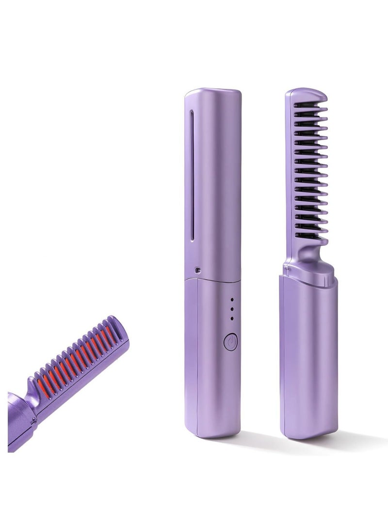 Mini Rechargeable Hair Straightener Brush – Portable Hot Comb with Anti-Static Negative Ion Technology for All Hair Types (Purple) - Image 1