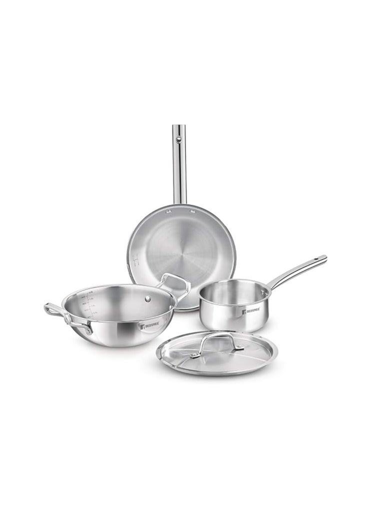 BERGNER Bergner Tripro Triply Stainless Steel 4 Pc Cookware Set, 24 cm Indian Wok/Kadai with Lid, 22 cm Fryp  - Image 1
