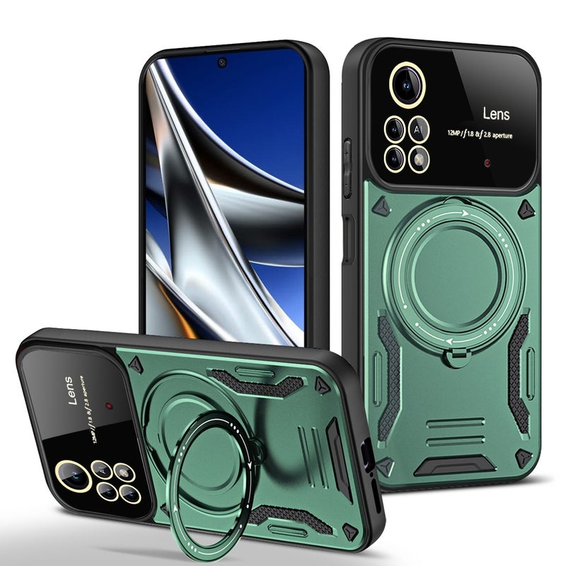 HuHa Case Cover For Xiaomi Poco X4 Pro 5G Large Window MagSafe Holder Phone Case(Green) - Image 1