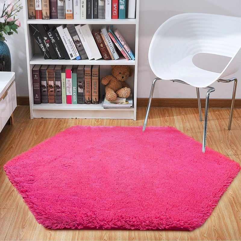 junovo Ultra Soft Rug for Nursery Children Room Baby Room Home Decor Dormitory Hexagon Carpet for Playhouse Princess Tent Kids Play Castle, Diameter 4.6 ft, Hot-Pink - Image 3