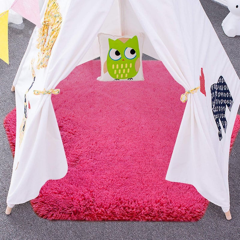 junovo Ultra Soft Rug for Nursery Children Room Baby Room Home Decor Dormitory Hexagon Carpet for Playhouse Princess Tent Kids Play Castle, Diameter 4.6 ft, Hot-Pink - Image 4