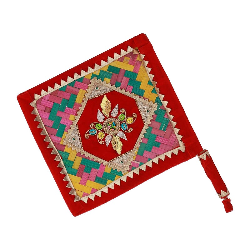 SHUBHPARV SHUBHPARV Pankha Square Design Regular Wedding Ceremony Item Decorative Handmade Fan for Special Occasions Marriage Handicraft Hand Fan with Handle Bamboo Pankha Pankhi Bena Beejna  - Image 1