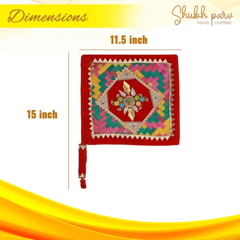 SHUBHPARV SHUBHPARV Pankha Square Design Regular Wedding Ceremony Item Decorative Handmade Fan for Special Occasions Marriage Handicraft Hand Fan with Handle Bamboo Pankha Pankhi Bena Beejna  - Image 3