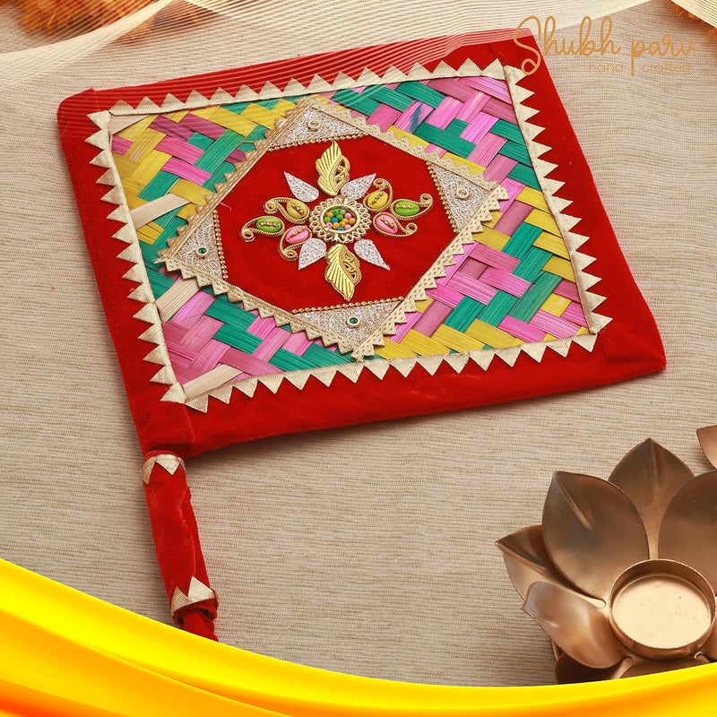 SHUBHPARV SHUBHPARV Pankha Square Design Regular Wedding Ceremony Item Decorative Handmade Fan for Special Occasions Marriage Handicraft Hand Fan with Handle Bamboo Pankha Pankhi Bena Beejna  - Image 2