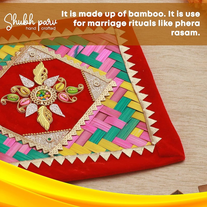SHUBHPARV SHUBHPARV Pankha Square Design Regular Wedding Ceremony Item Decorative Handmade Fan for Special Occasions Marriage Handicraft Hand Fan with Handle Bamboo Pankha Pankhi Bena Beejna  - Image 4