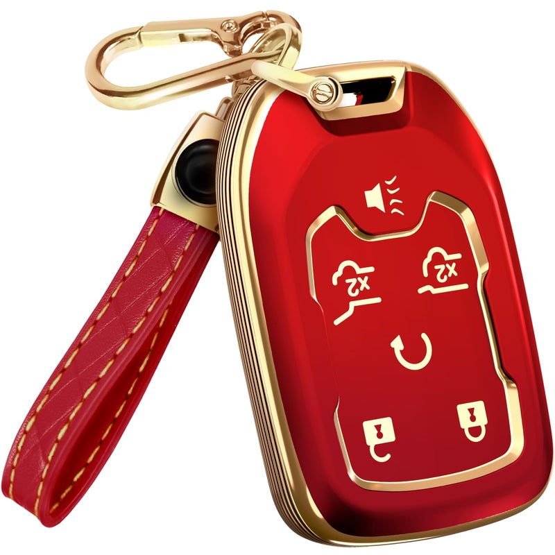 Lucrum Compatible with Chevy & GMC Key Fob Cover & Leather Keychain, 6 Buttons Keyfob Case for Acadia Sierra Silverado Tahoe Terrain Yukon (2014-2023) - Red and Gold - Image 1