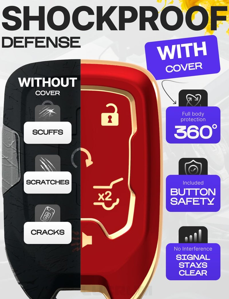 Lucrum Compatible with Chevy & GMC Key Fob Cover & Leather Keychain, 6 Buttons Keyfob Case for Acadia Sierra Silverado Tahoe Terrain Yukon (2014-2023) - Red and Gold - Image 4