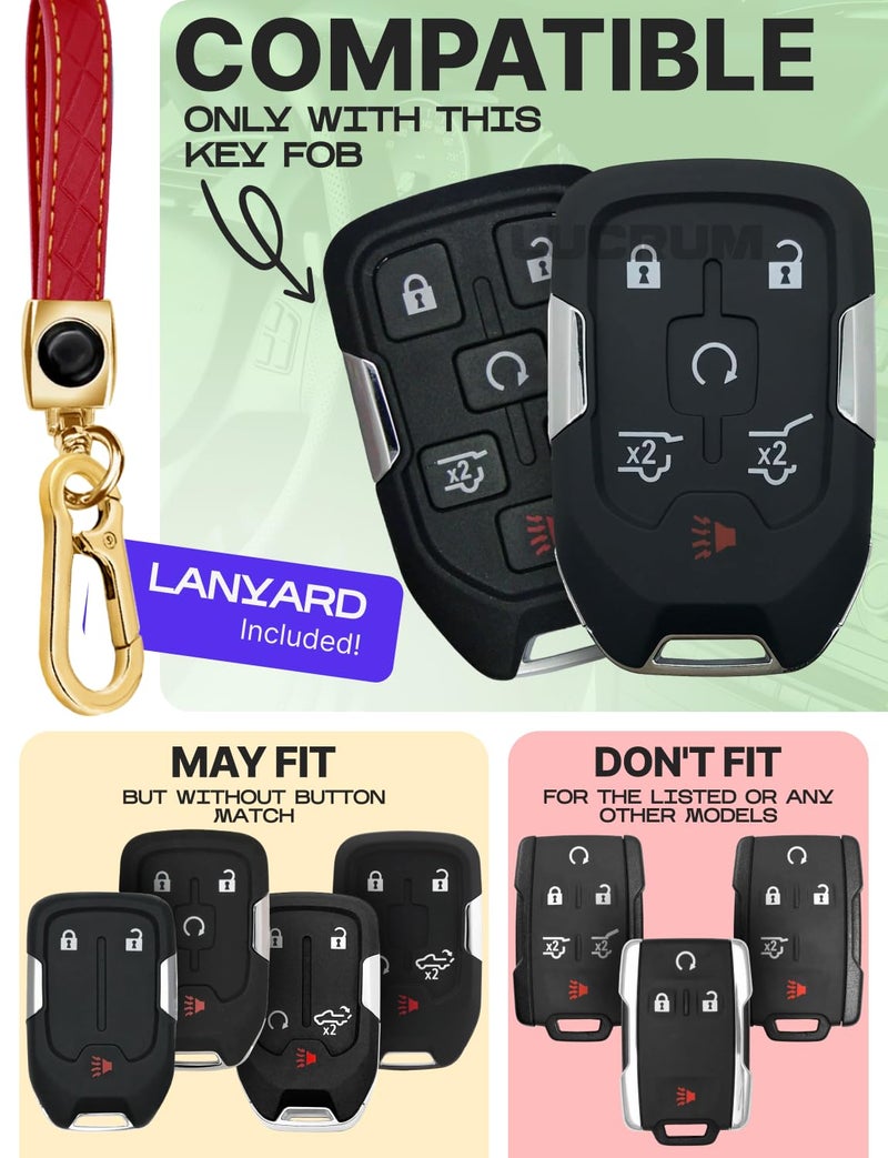 Lucrum Compatible with Chevy & GMC Key Fob Cover & Leather Keychain, 6 Buttons Keyfob Case for Acadia Sierra Silverado Tahoe Terrain Yukon (2014-2023) - Red and Gold - Image 2