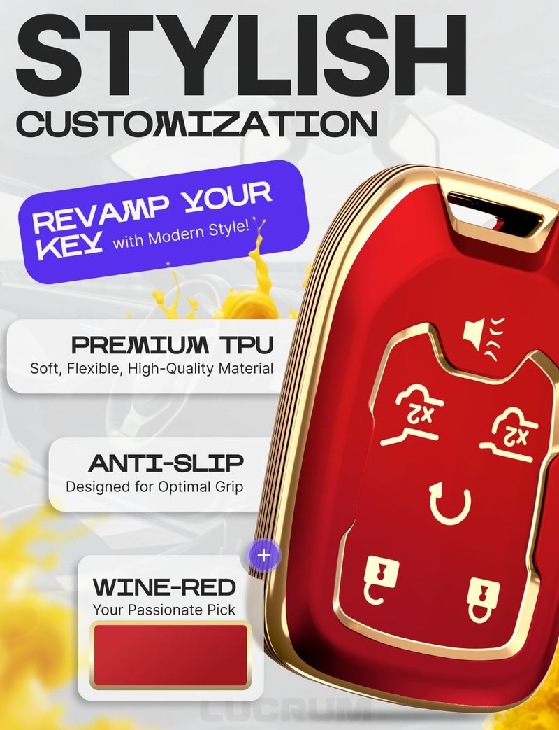 Lucrum Compatible with Chevy & GMC Key Fob Cover & Leather Keychain, 6 Buttons Keyfob Case for Acadia Sierra Silverado Tahoe Terrain Yukon (2014-2023) - Red and Gold - Image 3