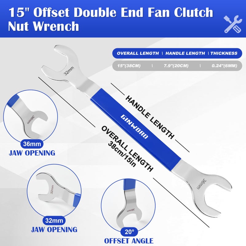 GINWORD 2Pcs Fan Clutch Wrench Set 32mm 36mm WrenchesWater Pump Pulley Holder for FordBMWGMChevroletBlue - Image 4