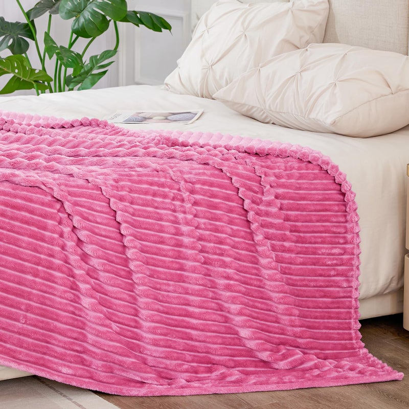 BEDELITE Fleece Blanket Queen Size - 3D Ribbed Jacquard Soft and Warm Decorative Fuzzy Blankets - Cozy  Fluffy  Plush Lightweight Throw Blankets for Couch  Bed  Sofa(Hot Pink  90x90 inches) - Image 5