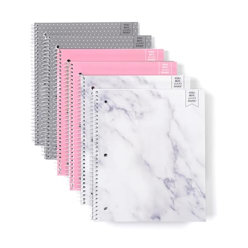 Yoobi College Ruled Spiral Notebook Set – 6-Pack of 1 Subject Notebooks, Pink, Gray & Marble Designs for Kids & Tweens – 150 Perforated 3-Hole Punched Sheets Each – 10.5” x 8” - Image 1