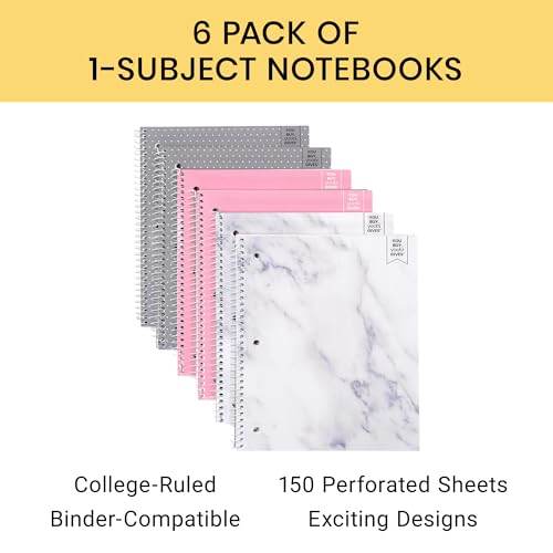 Yoobi College Ruled Spiral Notebook Set – 6-Pack of 1 Subject Notebooks, Pink, Gray & Marble Designs for Kids & Tweens – 150 Perforated 3-Hole Punched Sheets Each – 10.5” x 8” - Image 2