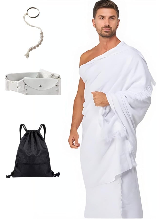 4 pcs set Men Clothing Hajj Umrah Ahram Ehram 100% Super Soft Non Allergic Cotton New Dry Fast Microfiber Woven Technology, WaterProof ahram's Belt, Water Resistant Shoe Bag, Tawaf counting Beads - Image 1