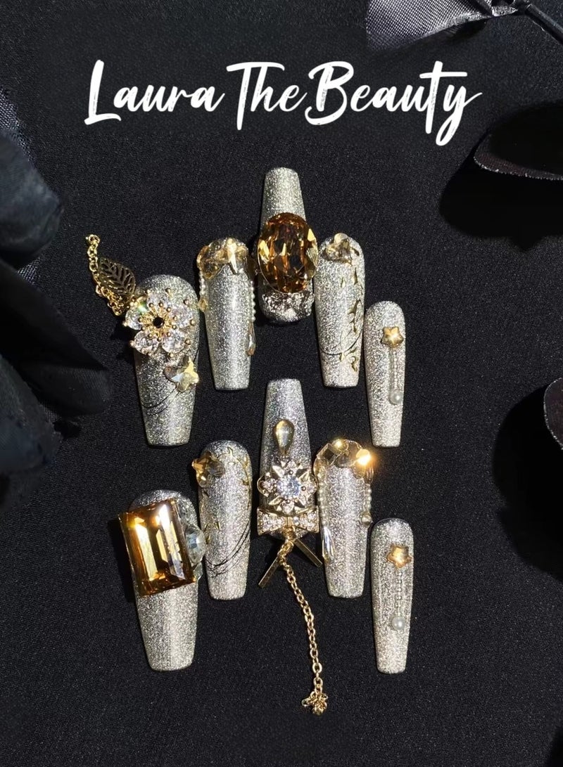 LauraTheBeauty 【Luxury Night】10 Pcs Rhinestone Nail Art False Nails Short Square Fake Nails Press on Nails with Wearing Tools - Image 1