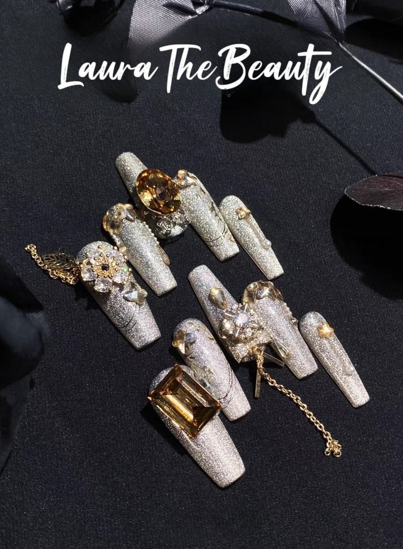 LauraTheBeauty 【Luxury Night】10 Pcs Rhinestone Nail Art False Nails Short Square Fake Nails Press on Nails with Wearing Tools - Image 2