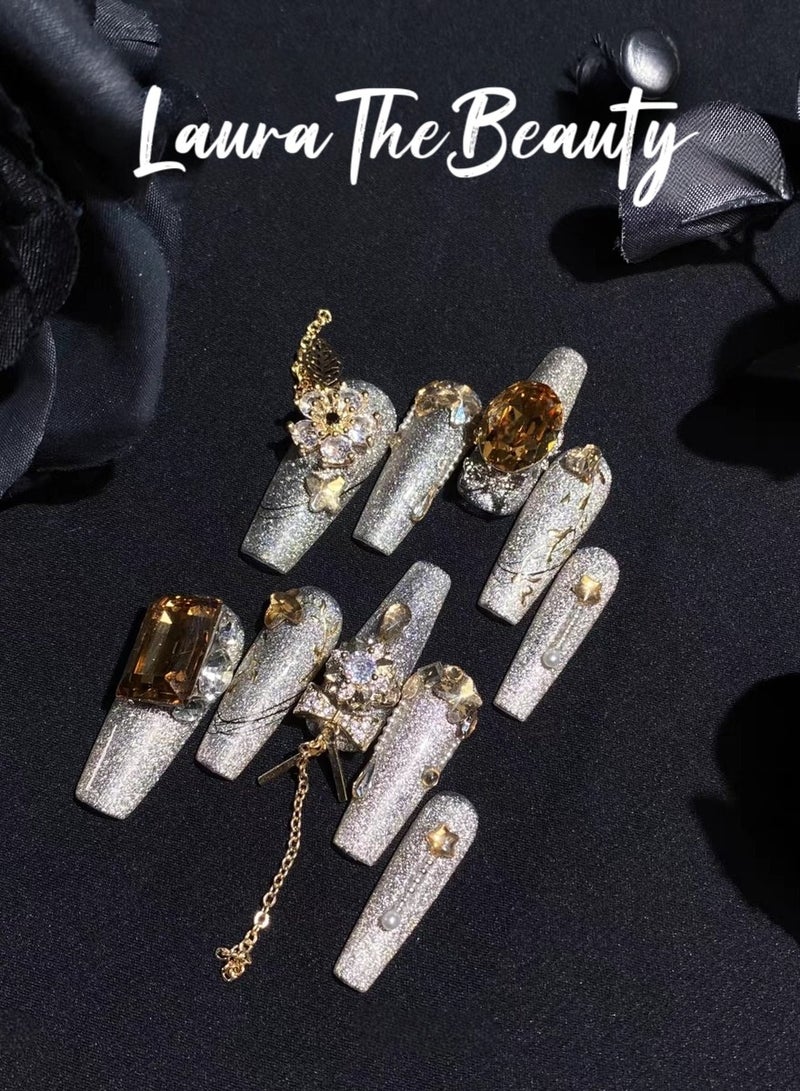 LauraTheBeauty 【Luxury Night】10 Pcs Rhinestone Nail Art False Nails Short Square Fake Nails Press on Nails with Wearing Tools - Image 3