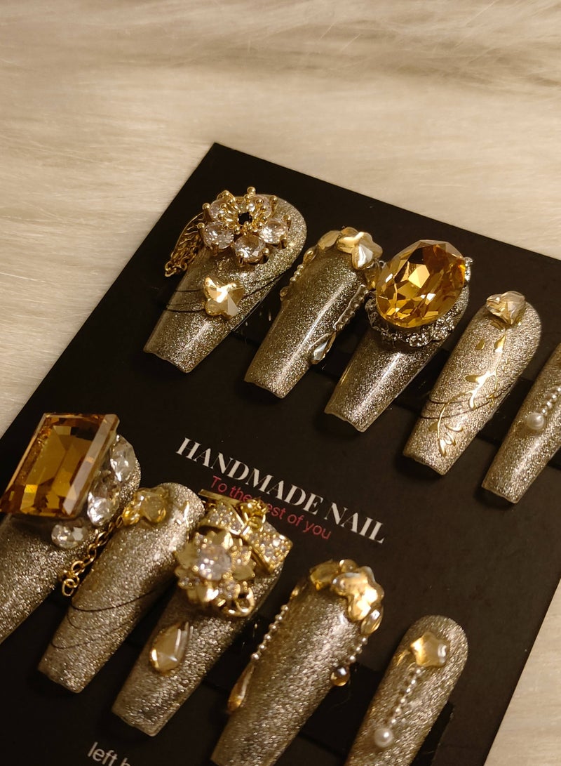 LauraTheBeauty 【Luxury Night】10 Pcs Rhinestone Nail Art False Nails Short Square Fake Nails Press on Nails with Wearing Tools - Image 4