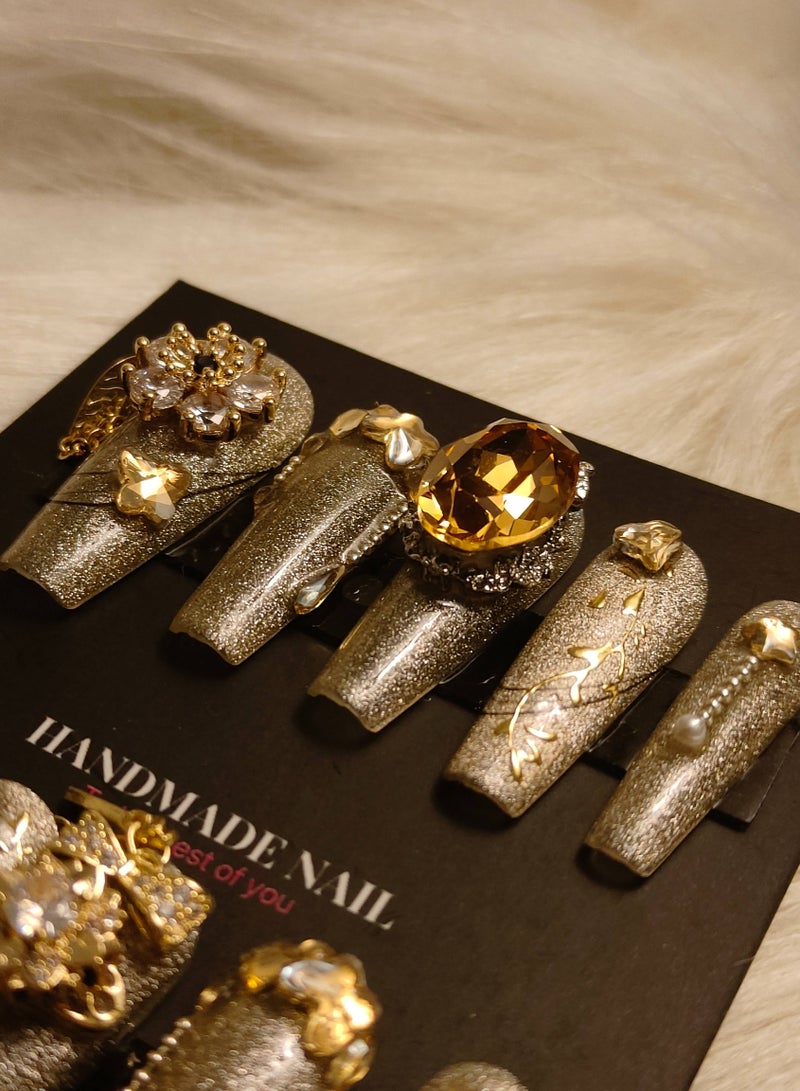 LauraTheBeauty 【Luxury Night】10 Pcs Rhinestone Nail Art False Nails Short Square Fake Nails Press on Nails with Wearing Tools - Image 5