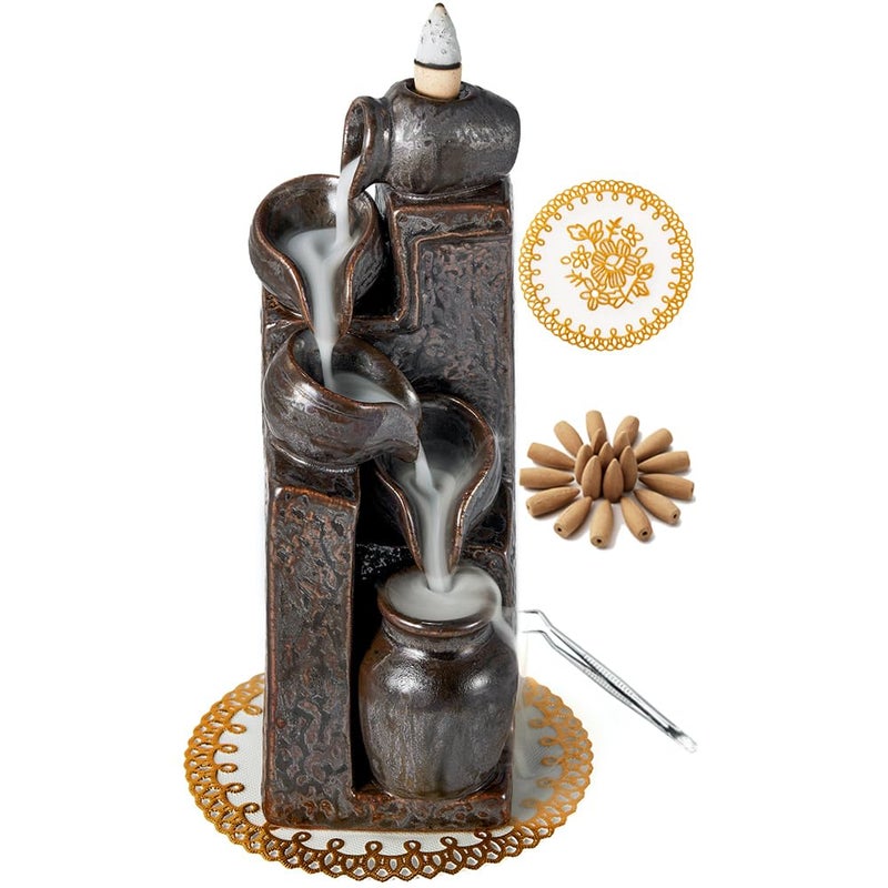 LAMDAWN Unique Cascading Basins Ceramic Waterfall Incense Holder, Paired with a Pack of Backflow Incense Cones. (Metallic) - Image 1